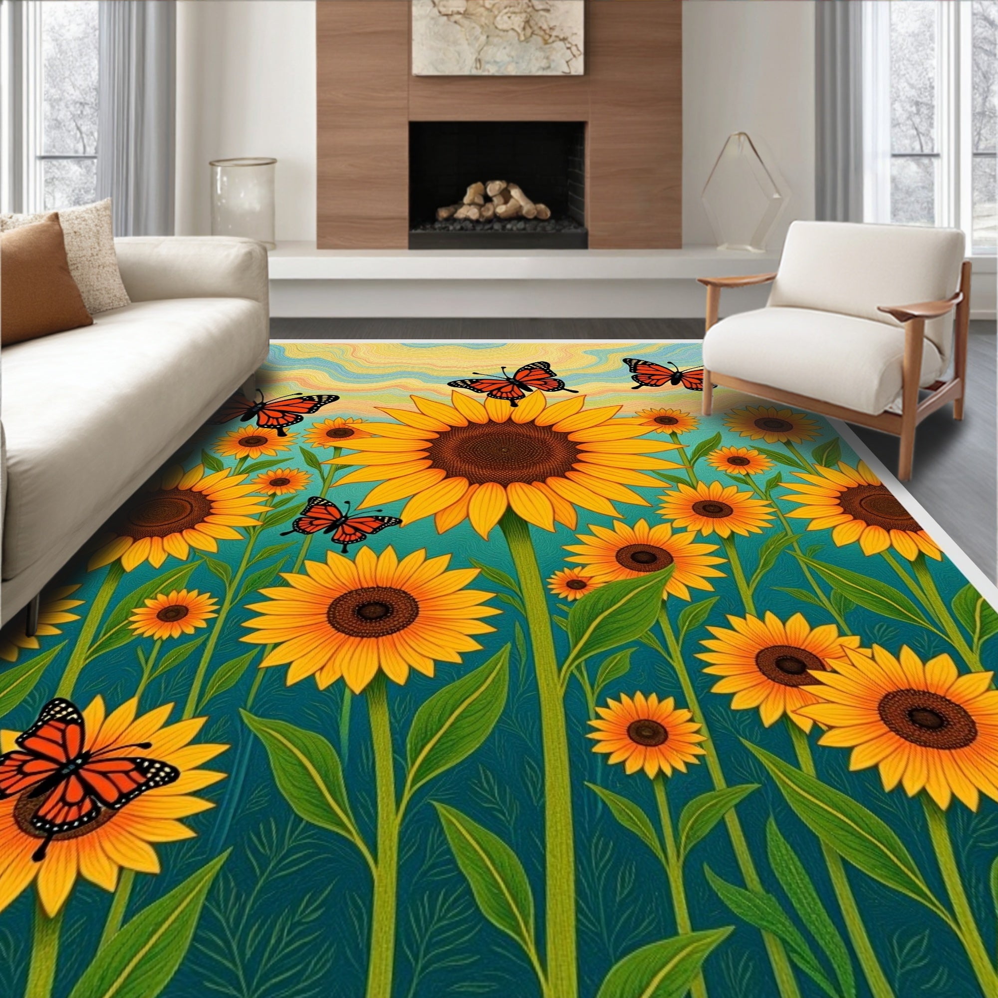 Orange Butterfly Sunflower Field Rug