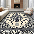 Cream and Navy Ornamental Floral Medallion Rug