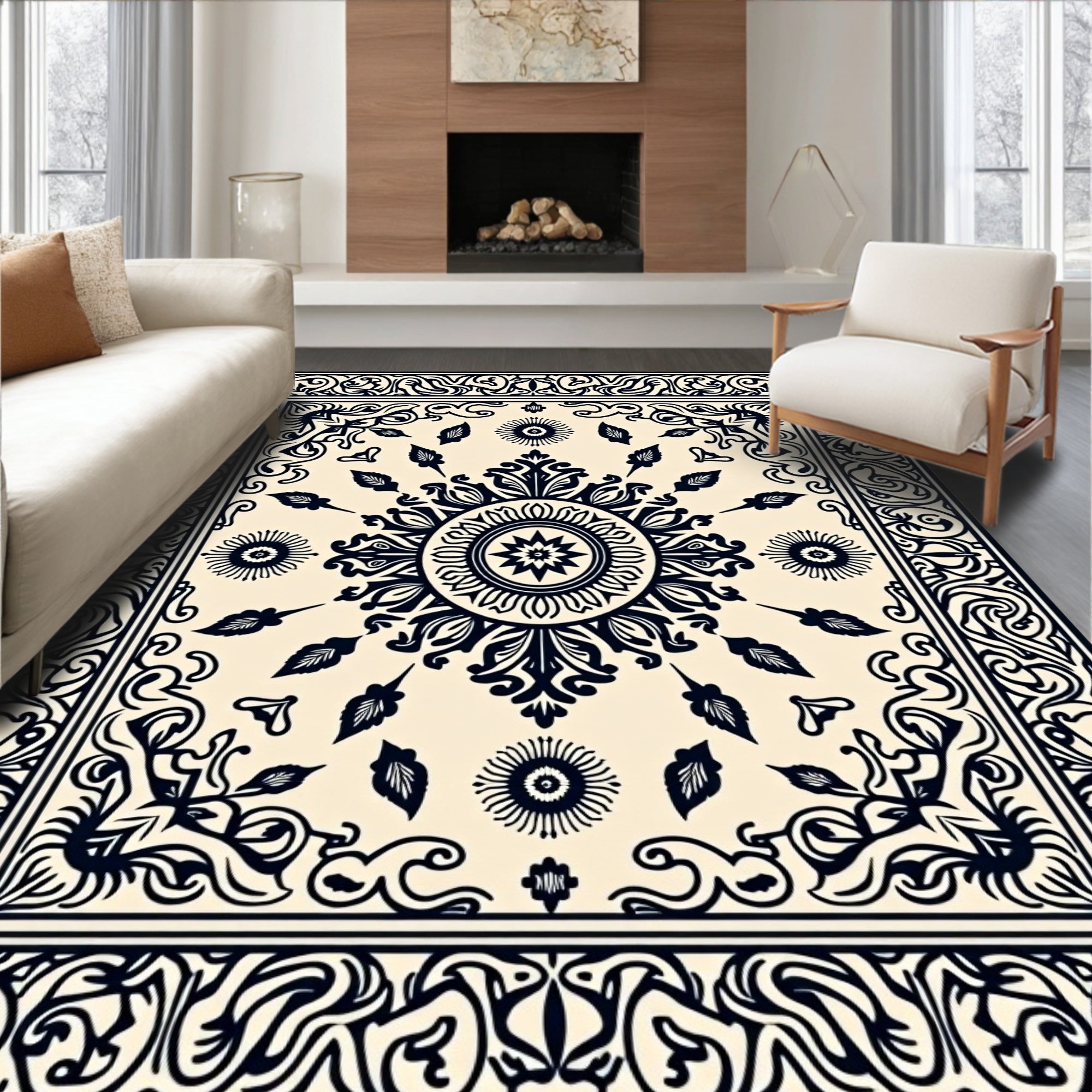 Cream and Navy Ornamental Floral Medallion Rug
