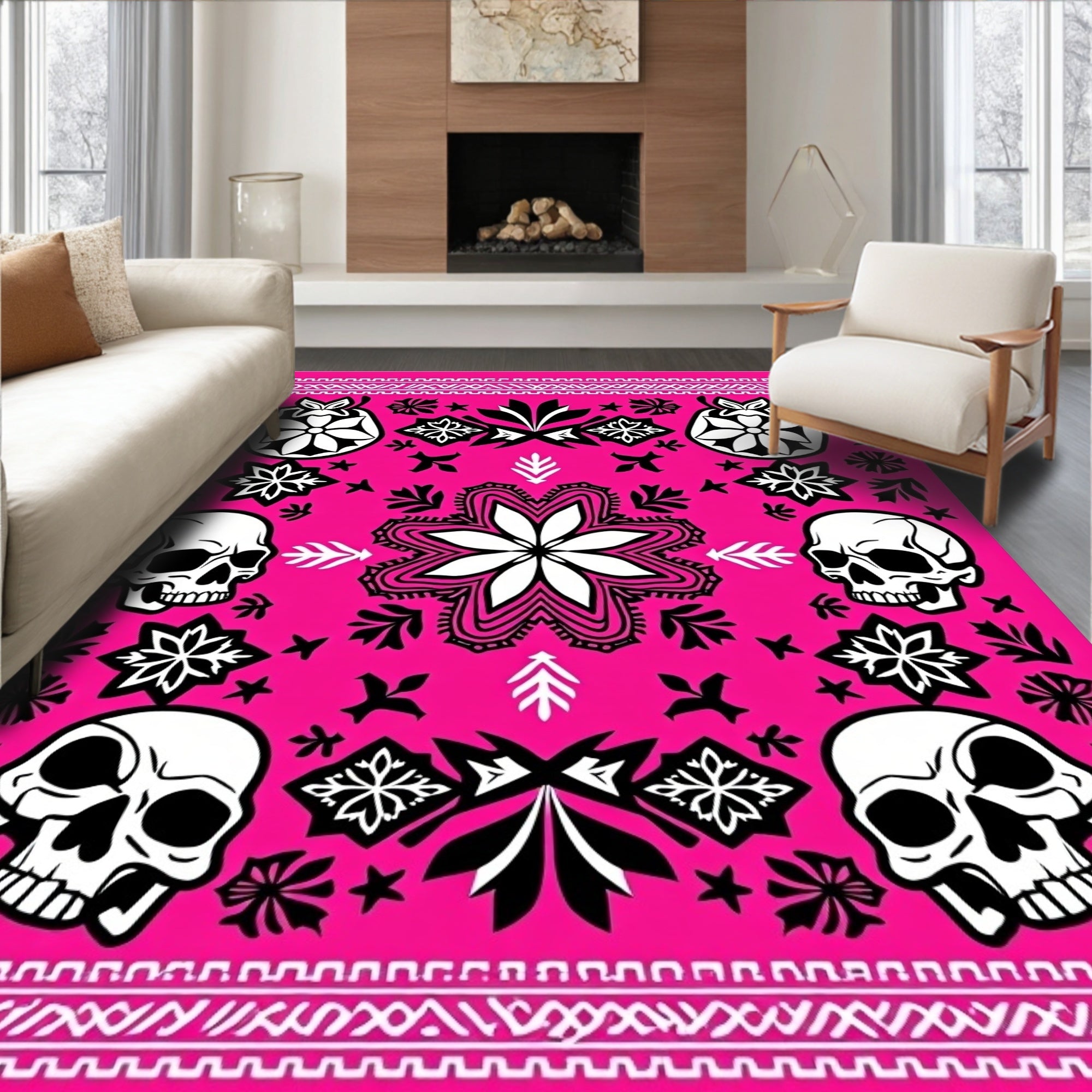 Fuchsia Skulls Floral Mandala Border Rug