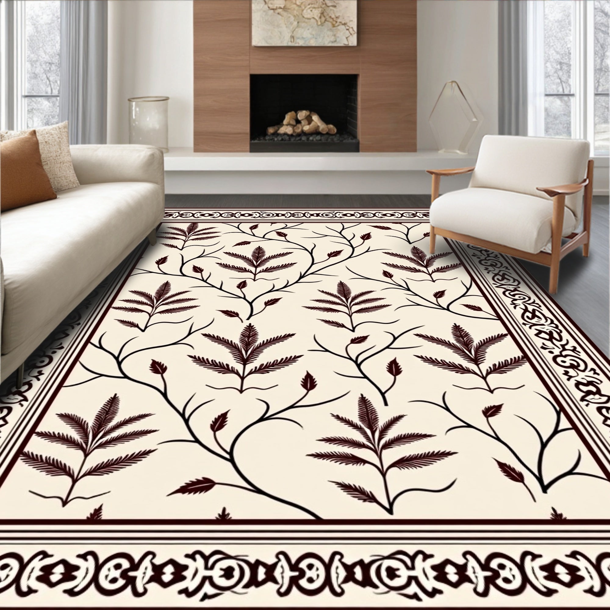 Vintager Leaf Scroll Filigree Border Rug
