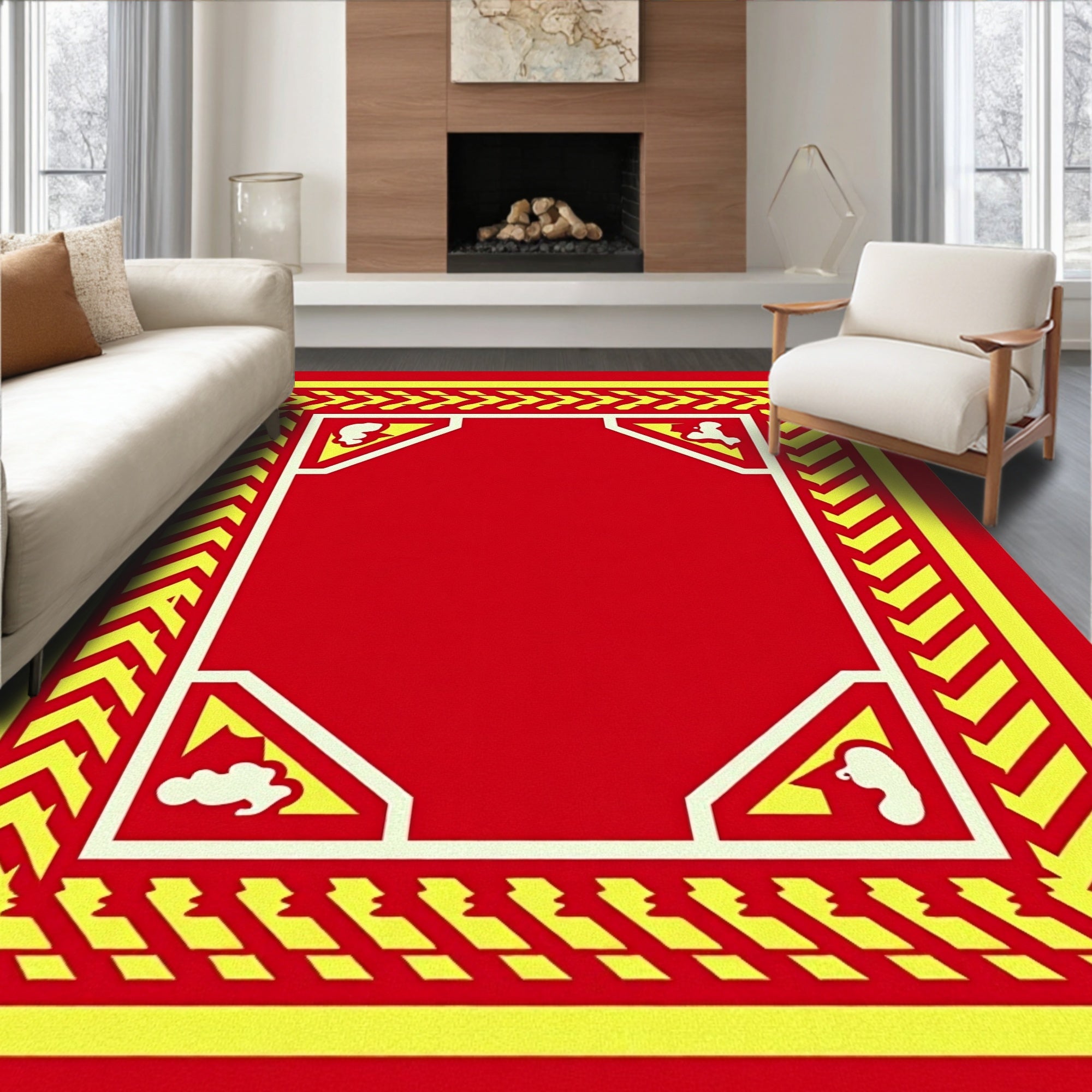 Bold Red Yellow Chevron Border Rug