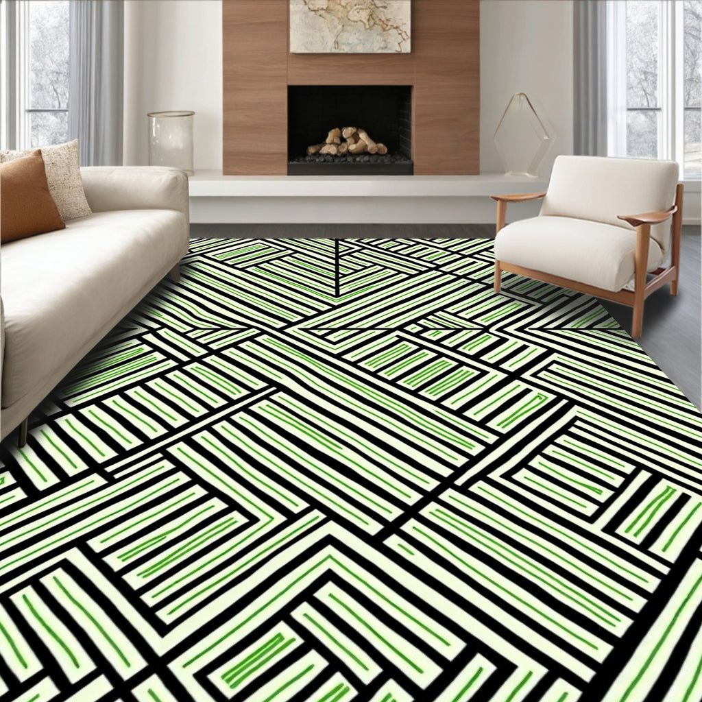 Green Black Intersecting Lines Geometric Rug