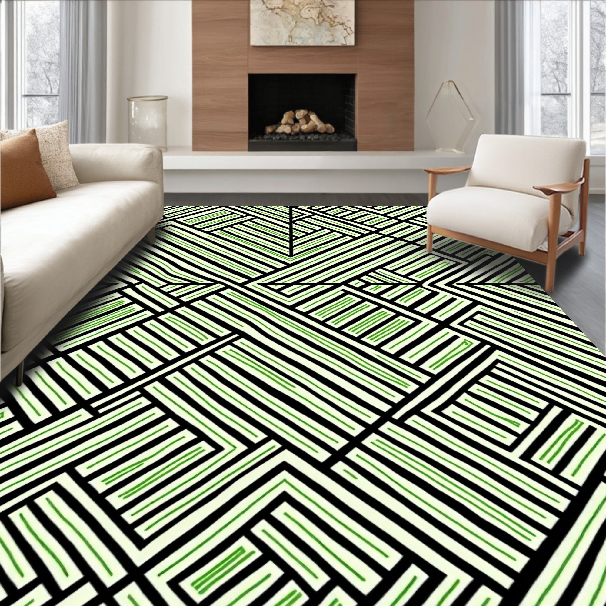 Green Black Intersecting Lines Geometric Rug
