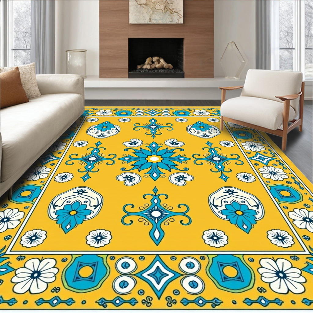 Vibrant Yellow Blue Floral Medallion Rug