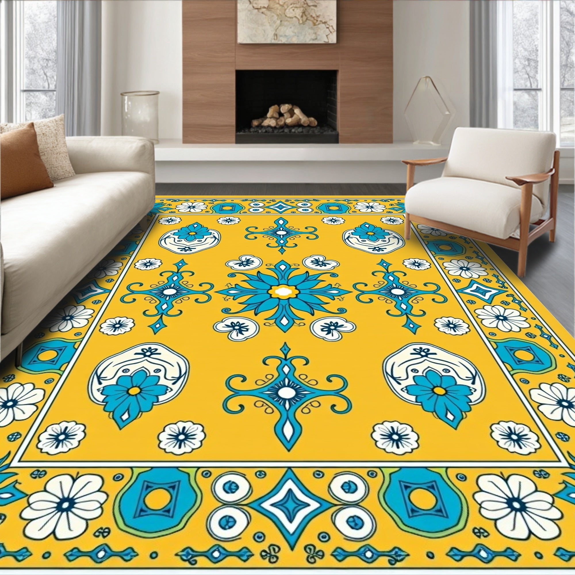 Vibrant Yellow Blue Floral Medallion Rug