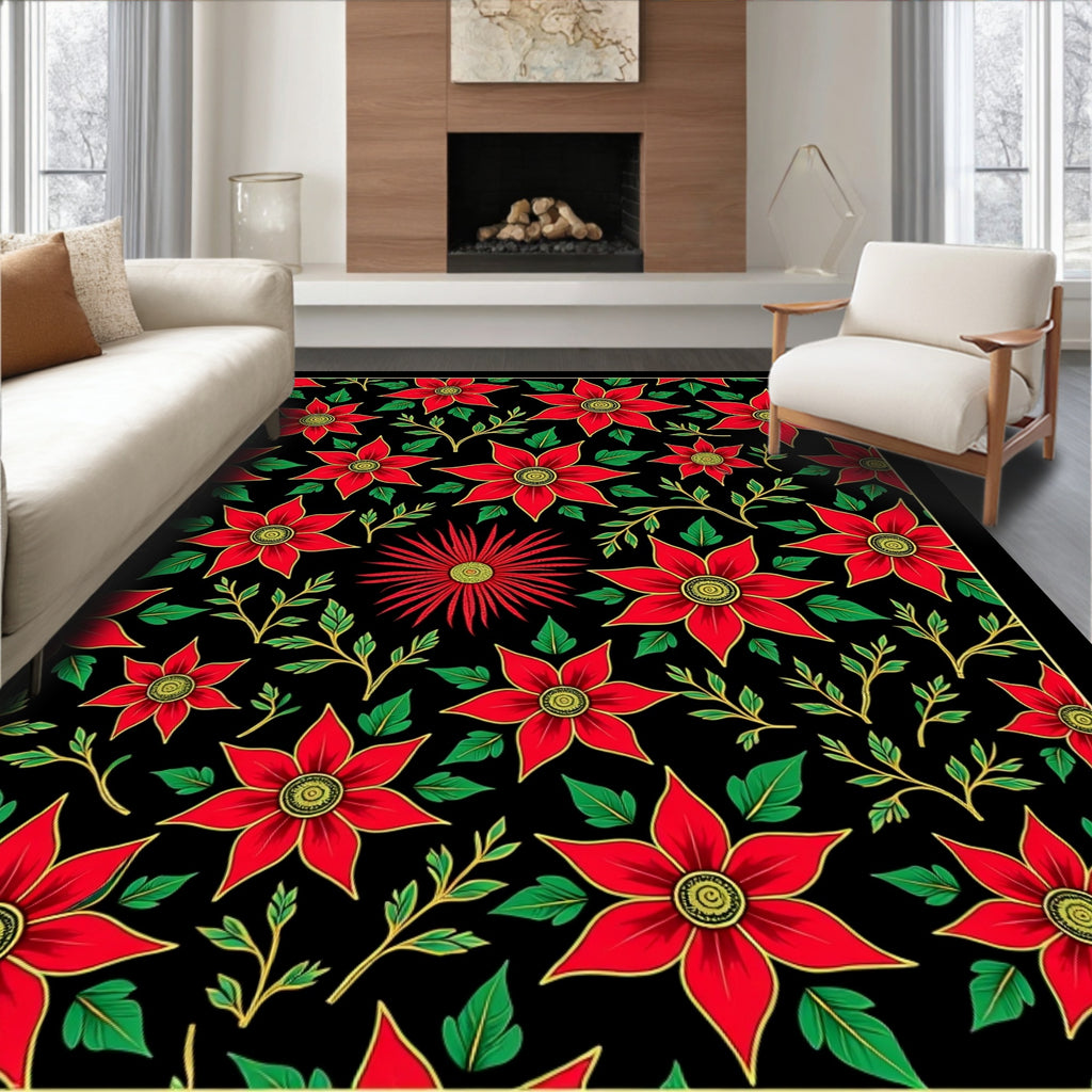 Vibrant Red Floral Garden Black Rug