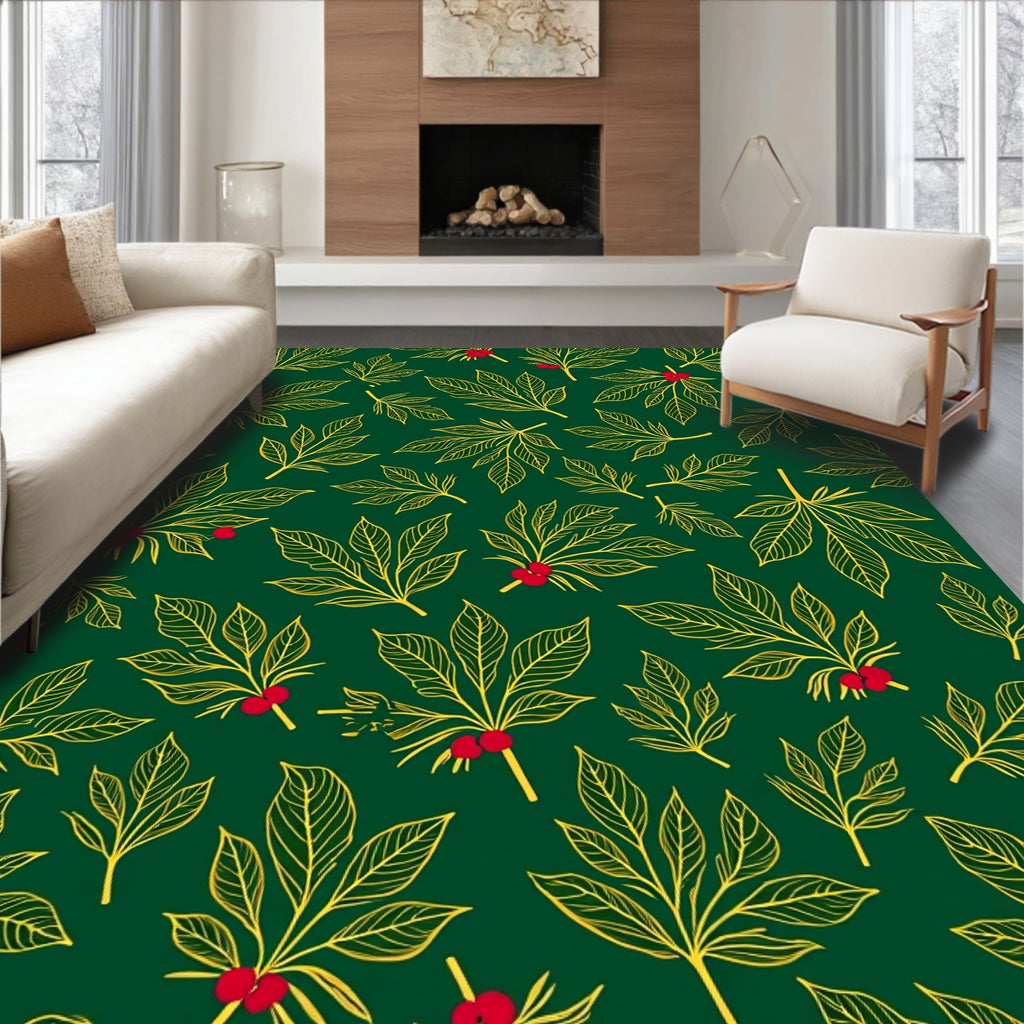 Gold Leaf Berry Branch Green Rug