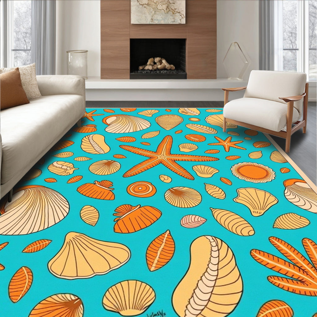 Coastal Orange Shell Starfish Variety Rug