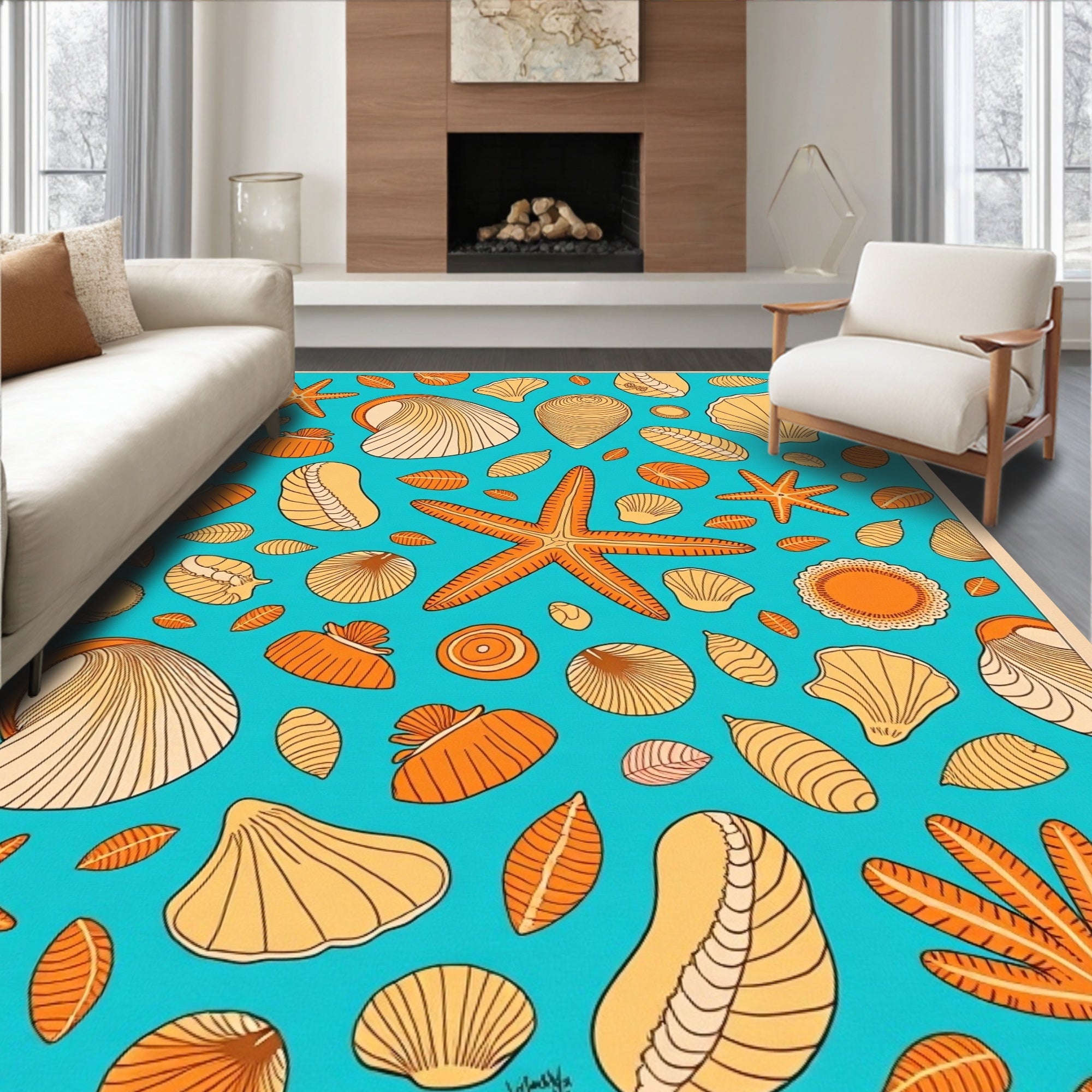 Coastal Orange Shell Starfish Variety Rug