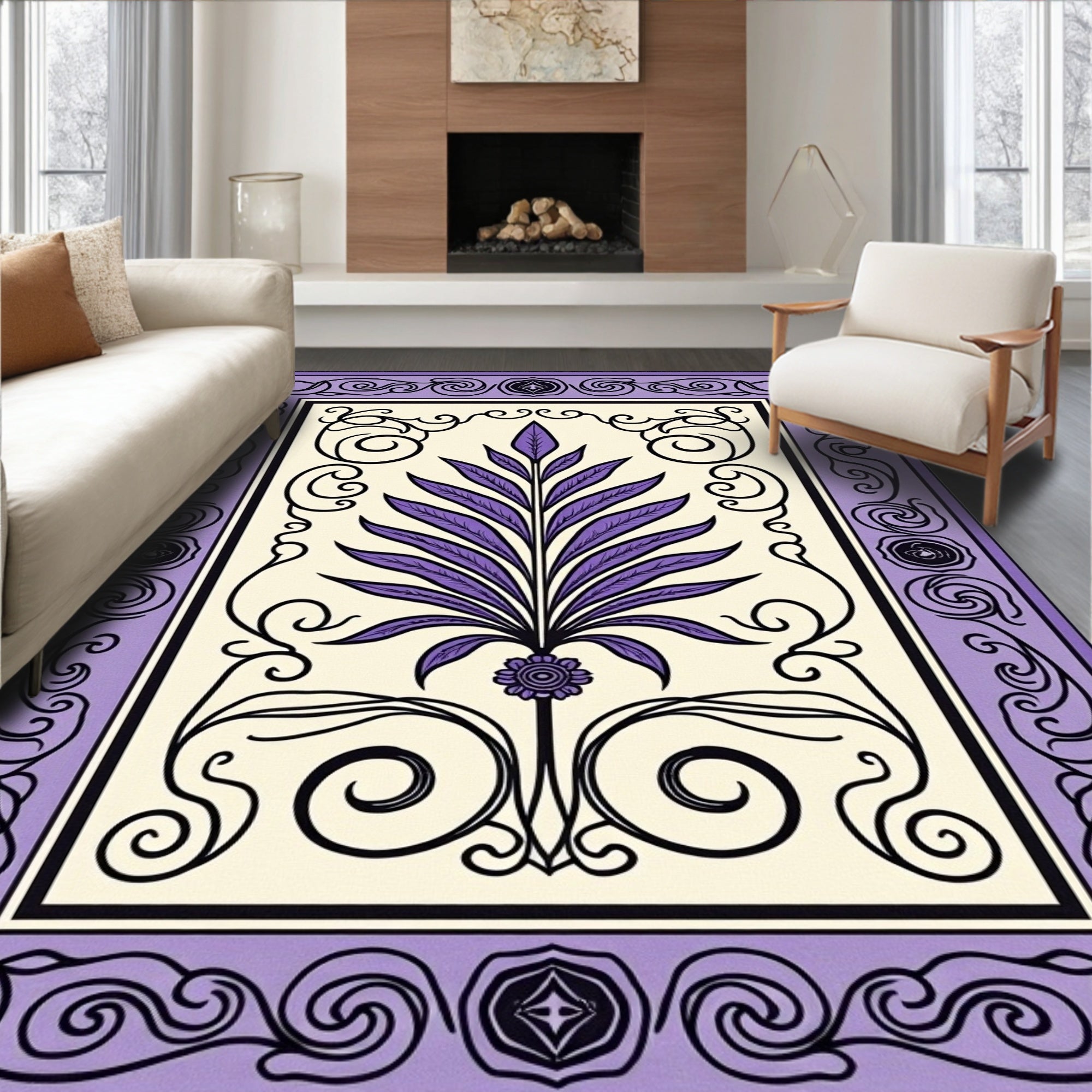 Lavender Fern Scroll Border Rug