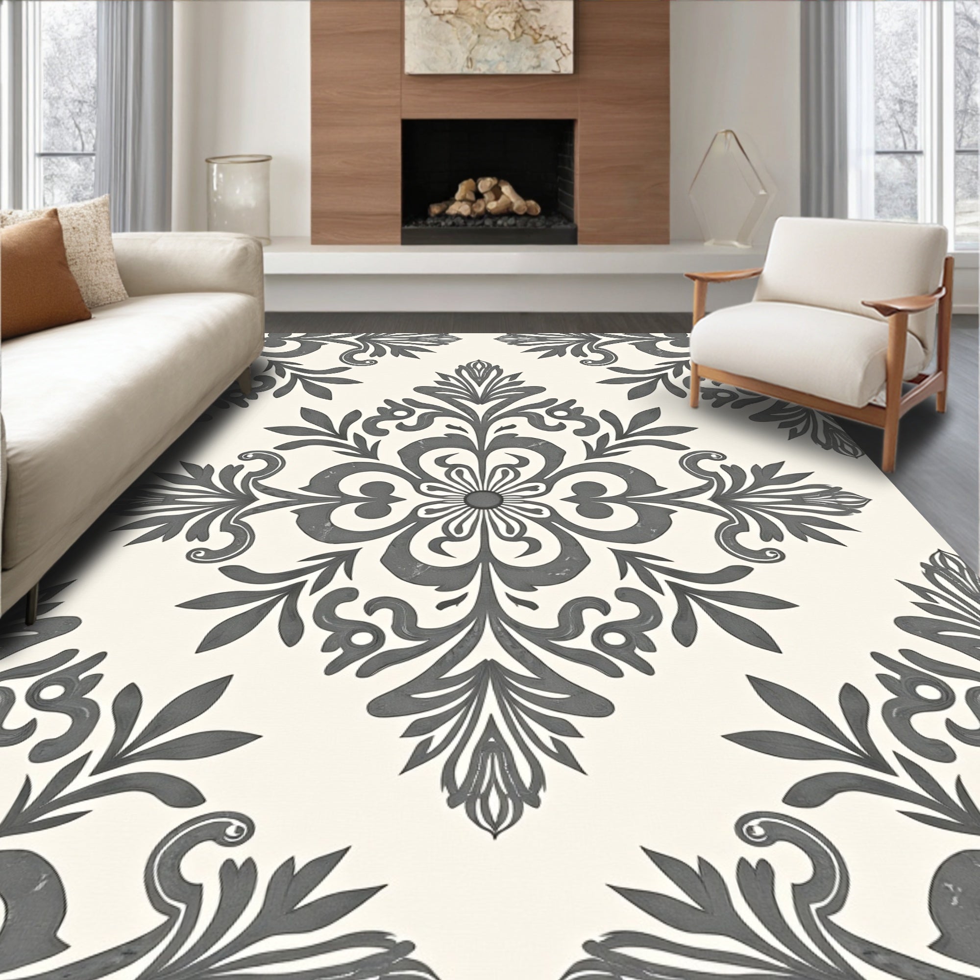 Classic Gray Damask Medallion Rug