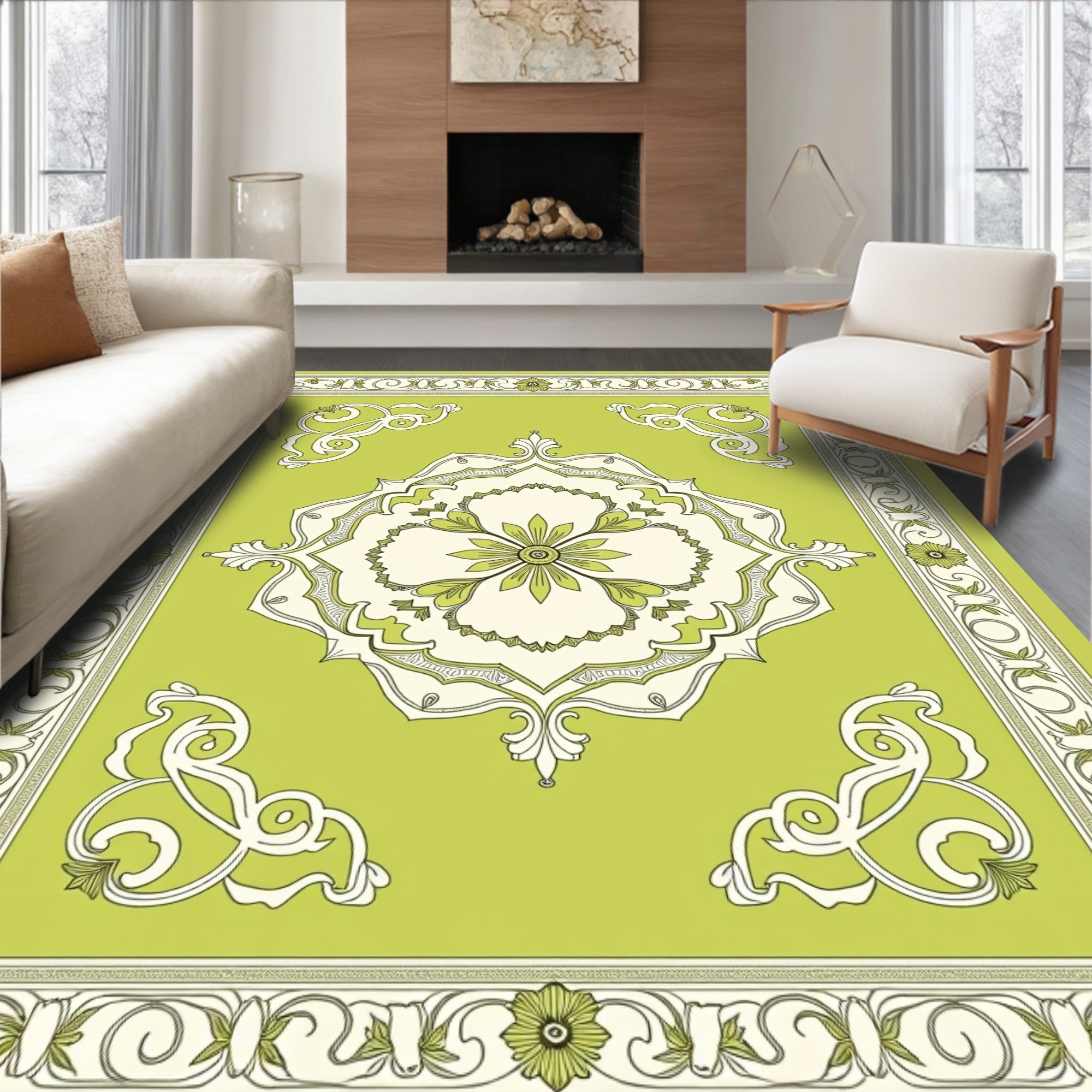Lime Green Floral Medallion Border Rug