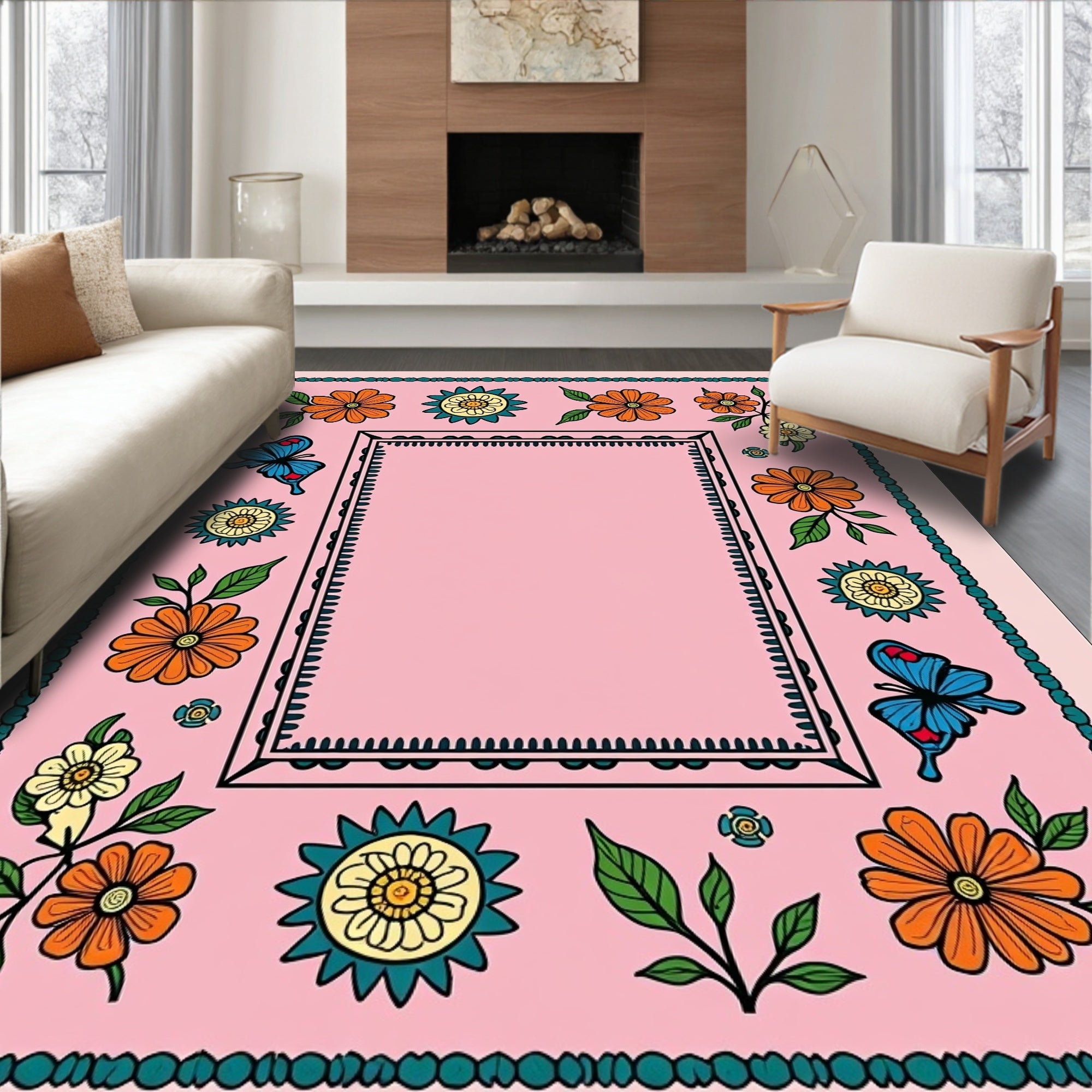Pink Orange Floral Butterfly Border Rug