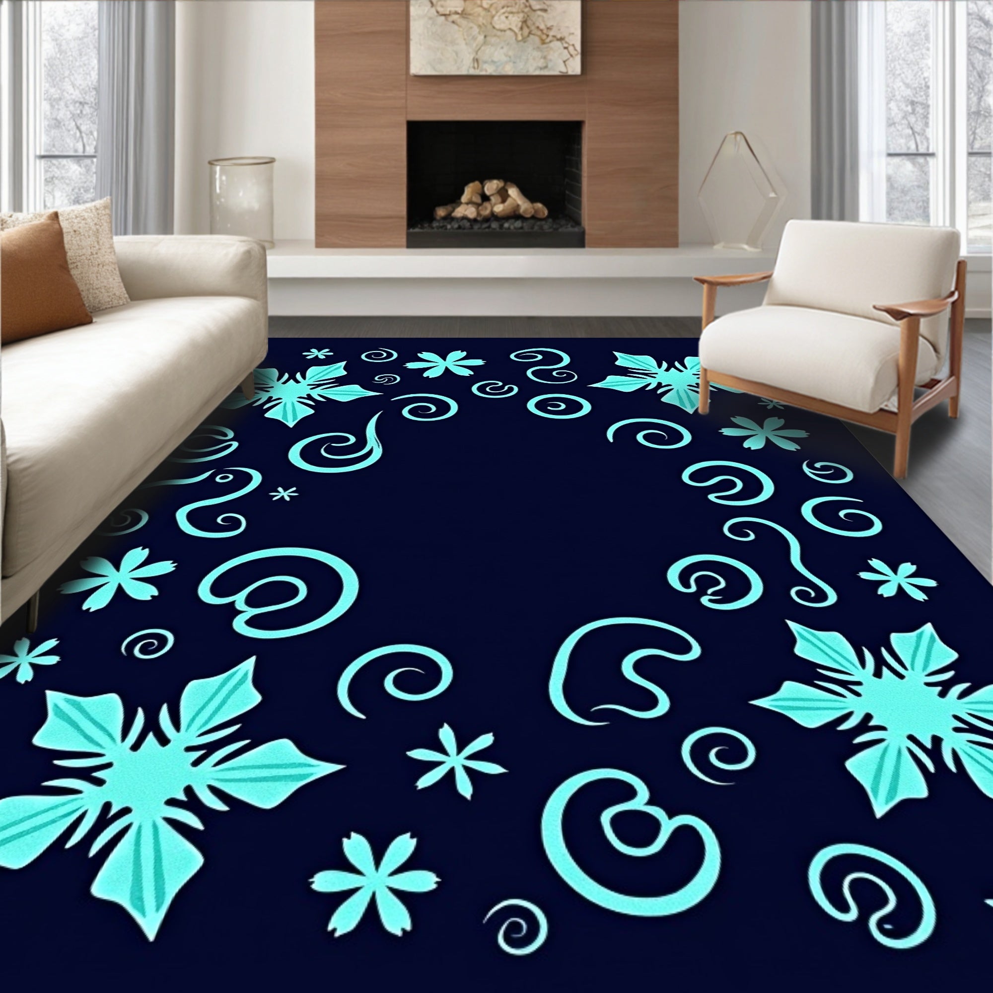 Aqua Snowflake Swirl Scatter Rug