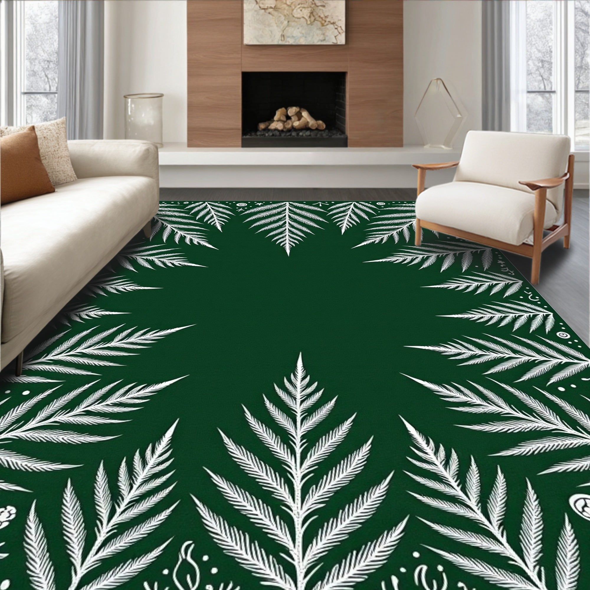 Emerald Green Fern Frond Border Rug