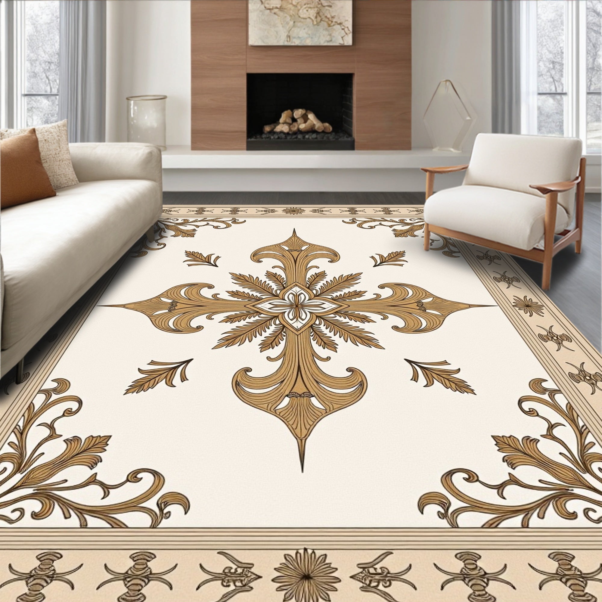 Ornate Golden Floral Medallion Rug