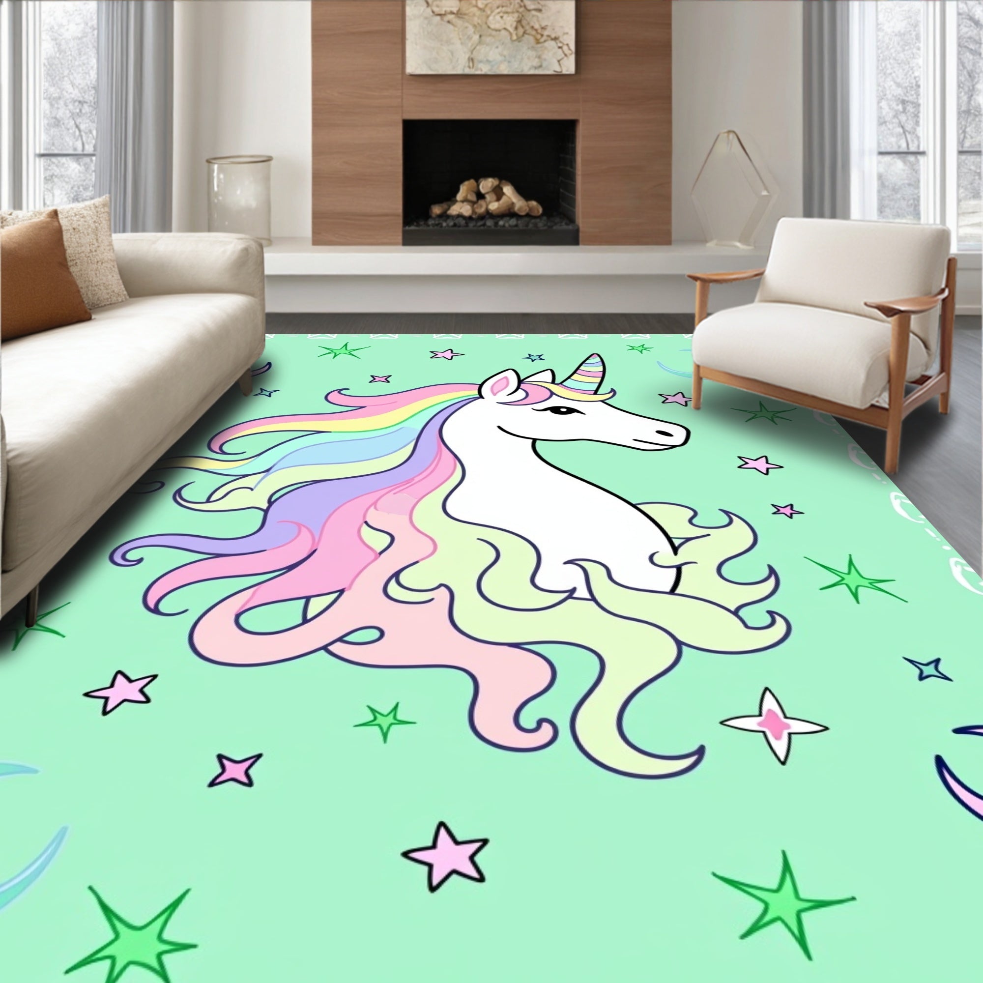Pastel Unicorn Stars Crescents Green Rug