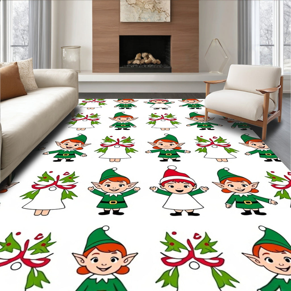 Cute Christmas Elves Repeat Green Red Rug