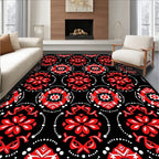 Vibrant Scarlet Red Black Bloom Oval Rug