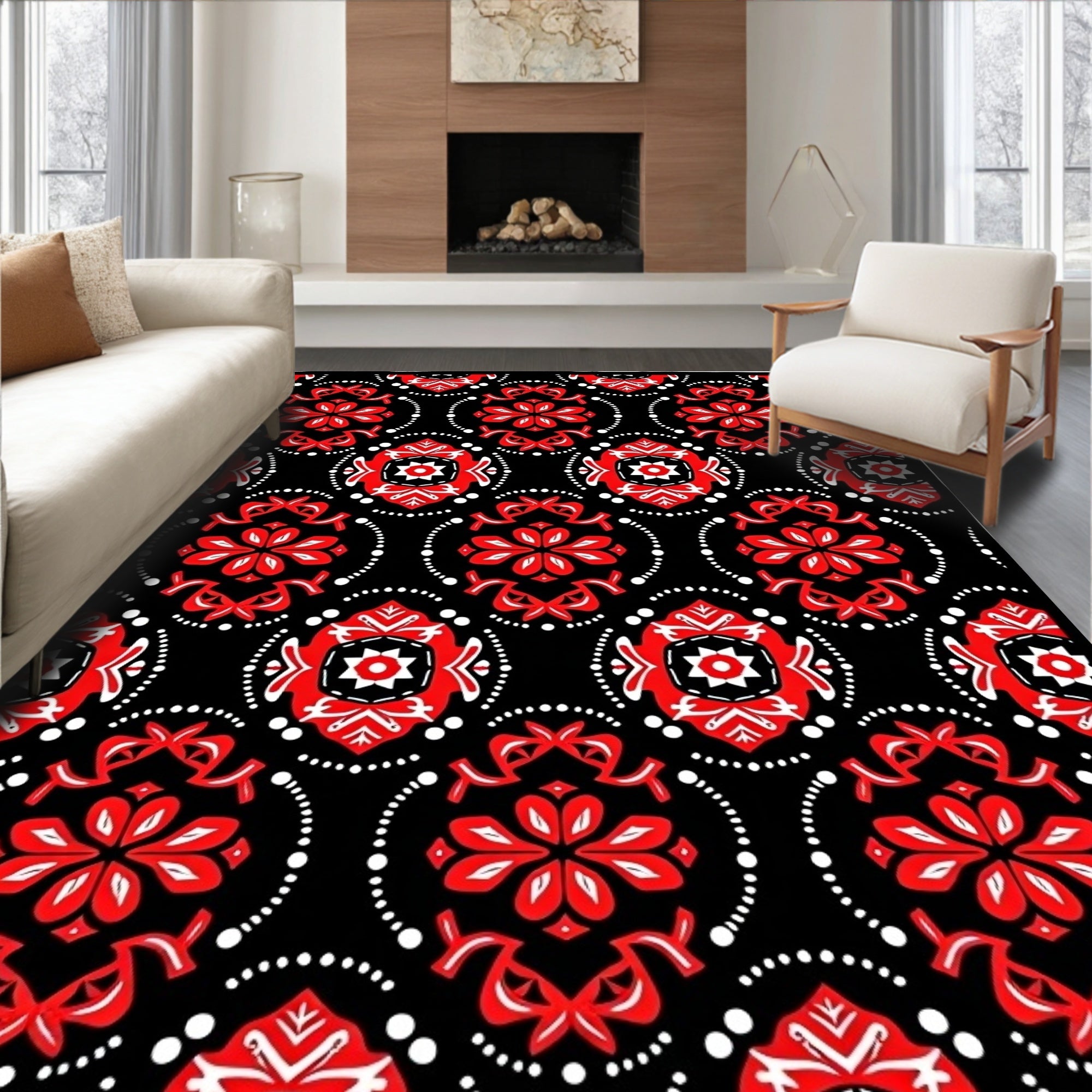 Vibrant Scarlet Red Black Bloom Oval Rug