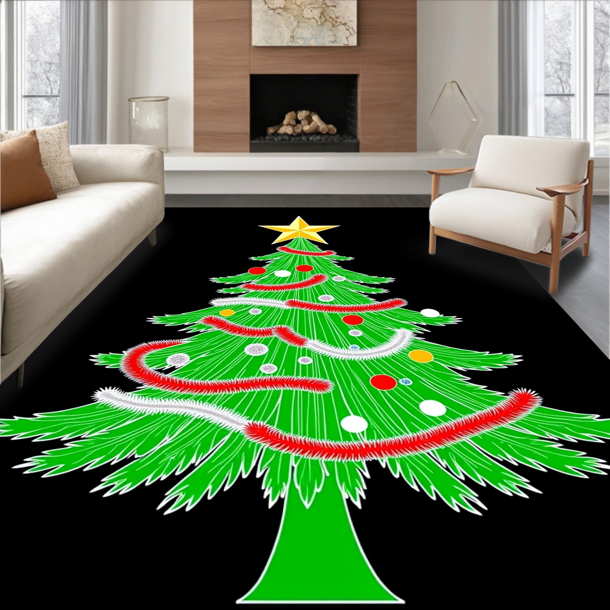Festive Green Christmas Tree Garland Rug
