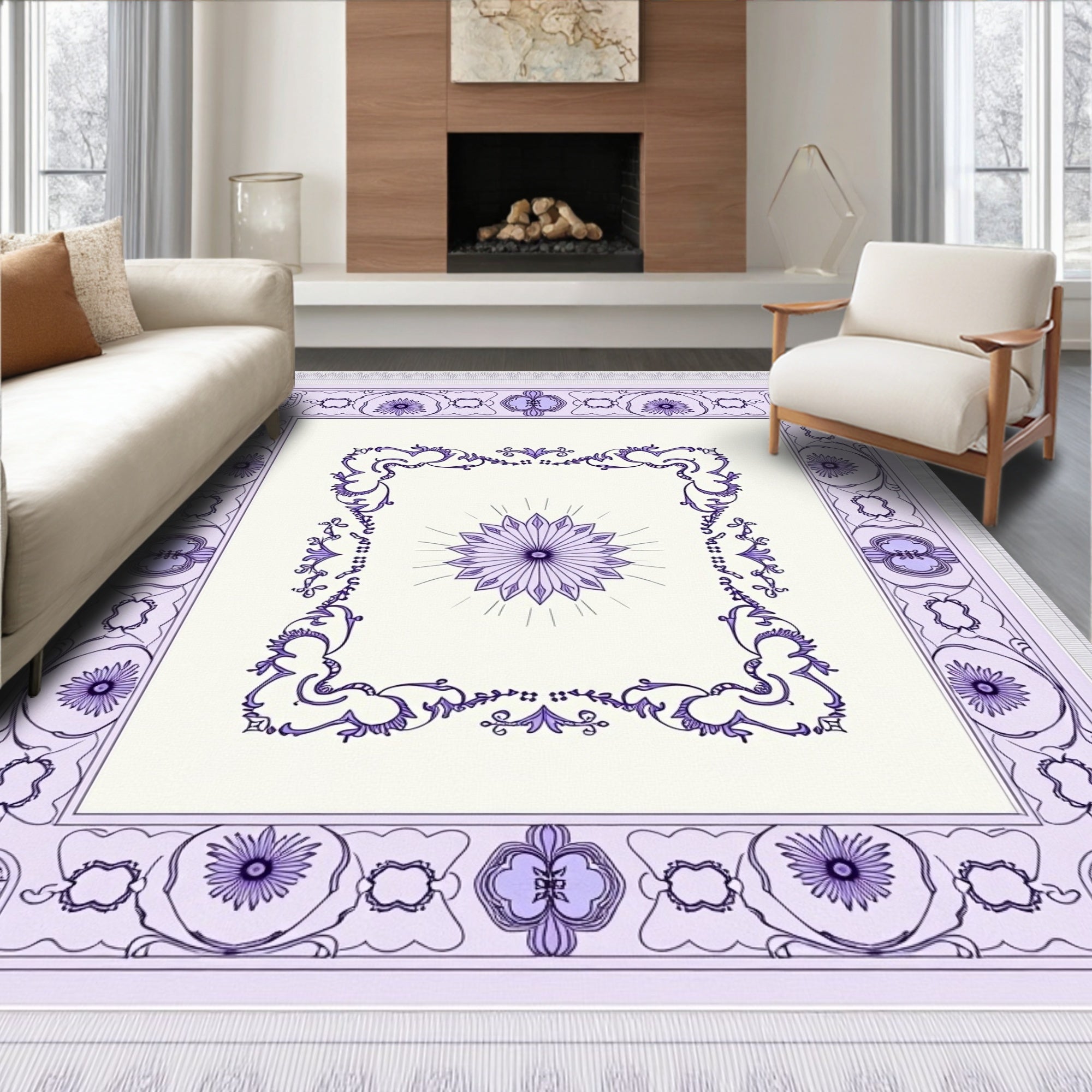 Lavender Floral Medallion Intricate Border Rug