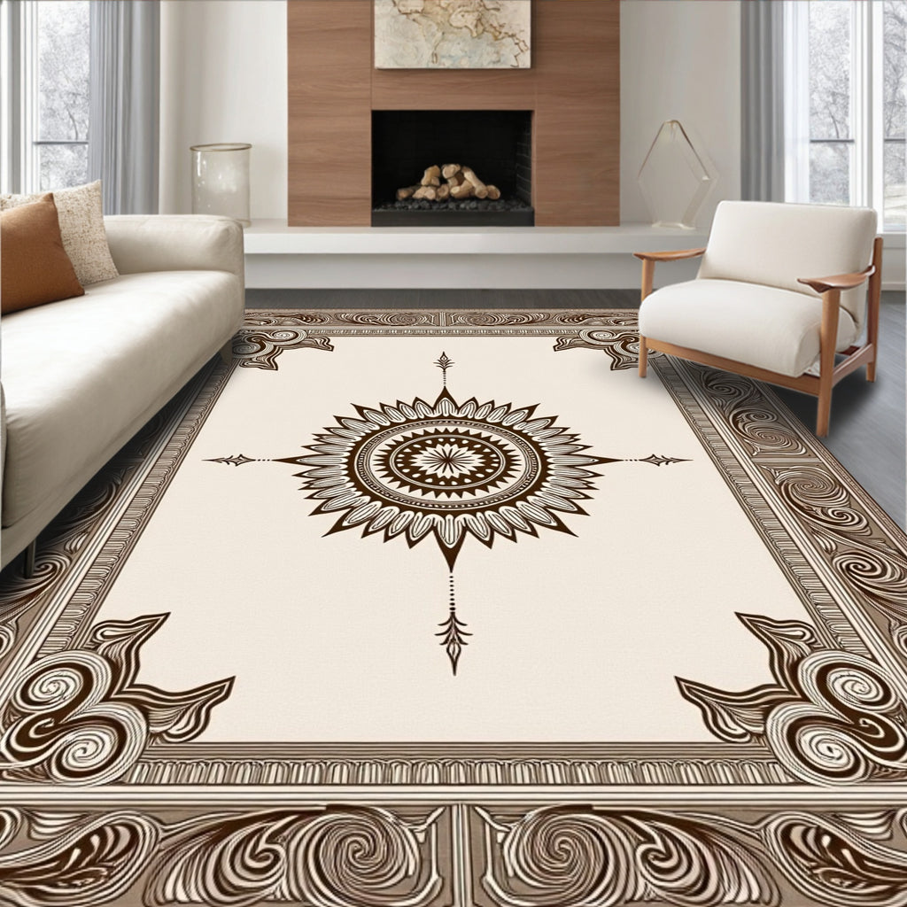 Brown Floral Sunburst Medallion Border Rug