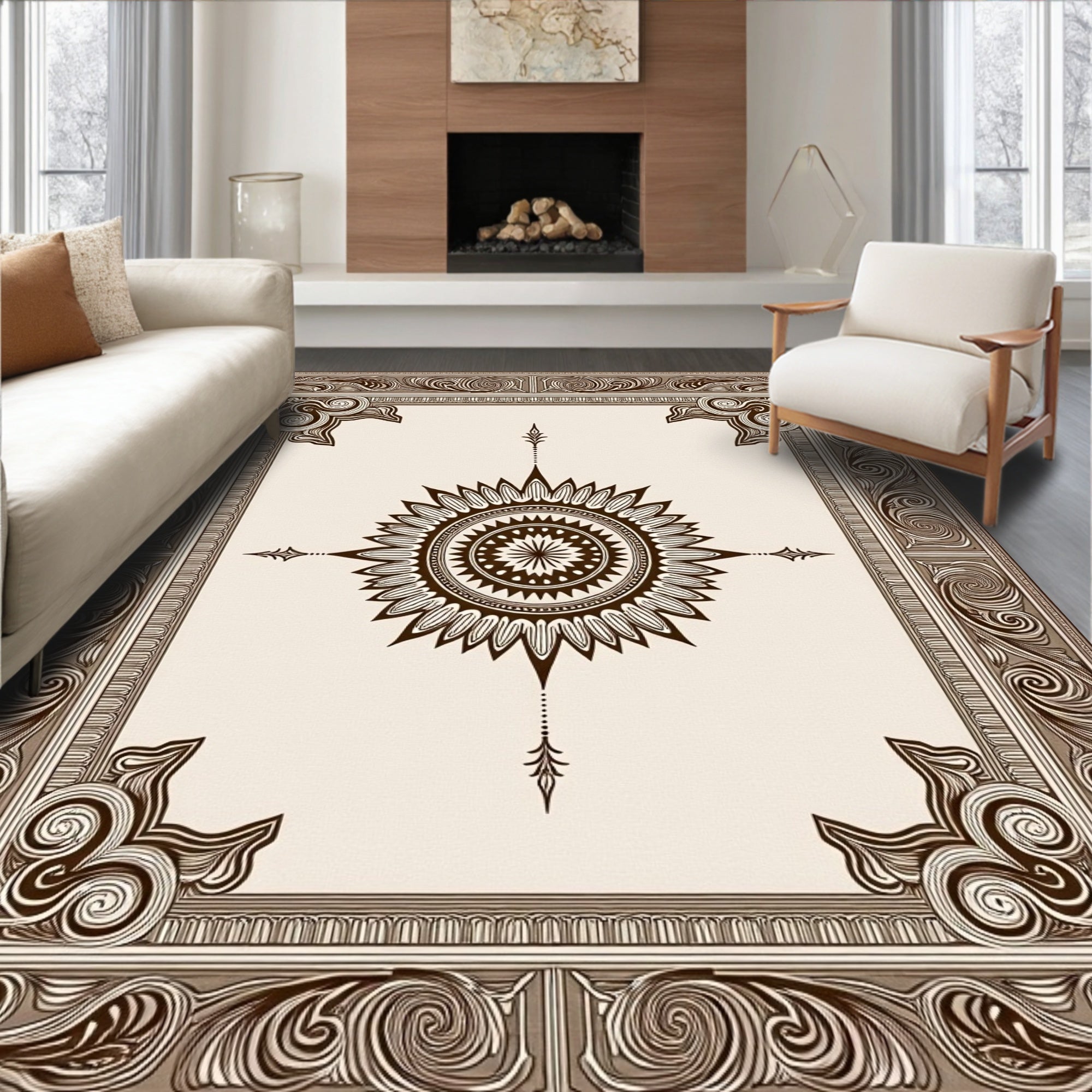 Brown Floral Sunburst Medallion Border Rug