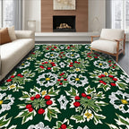 Festive Green Holly Berry Floral Medallion Rug