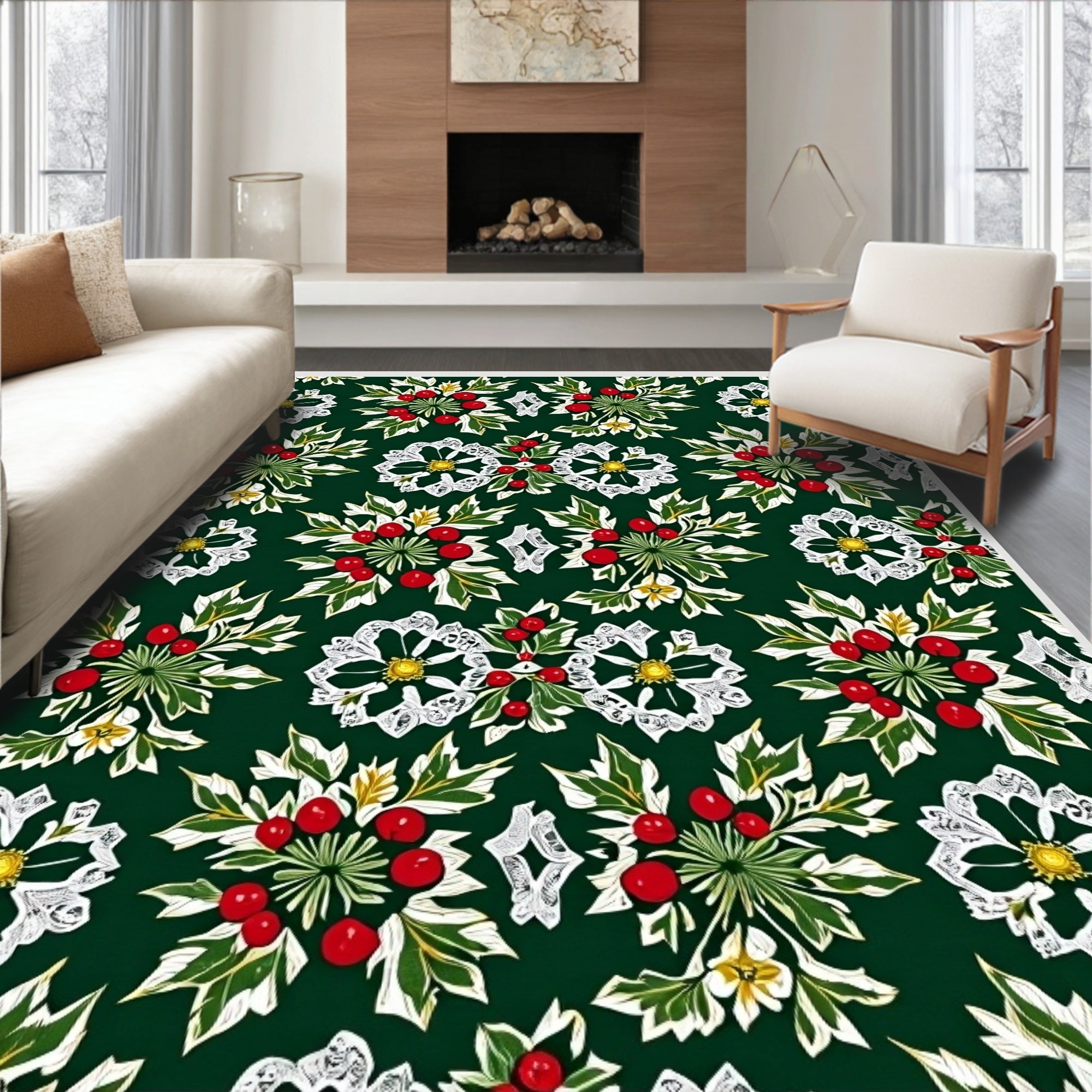 Festive Green Holly Berry Floral Medallion Rug