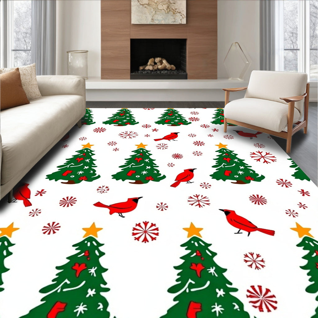 Red Cardinal Christmas Tree Snowflakes Rug