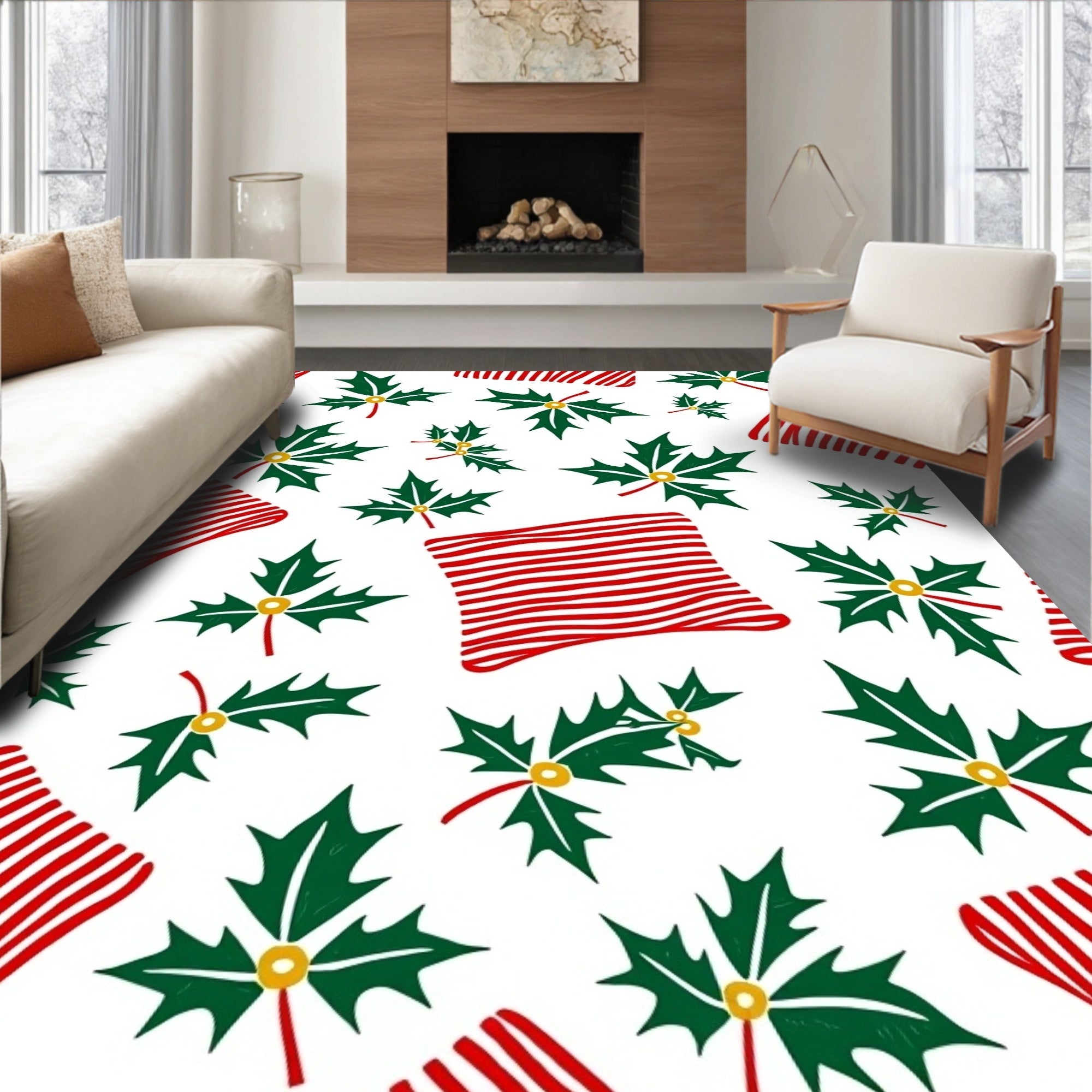Red White Striped Holly Sprigs Rug