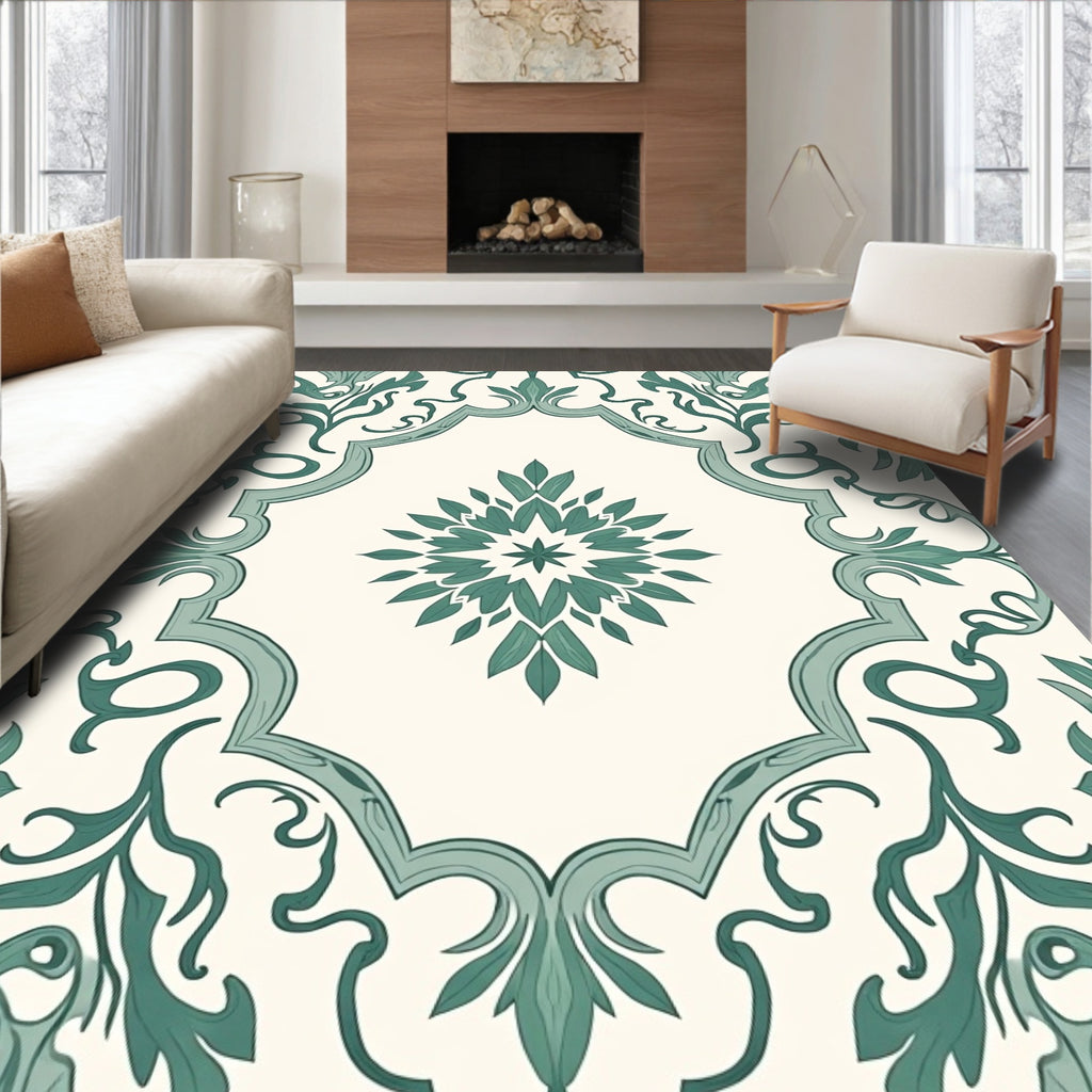 Teal Floral Medallion Frame Rug