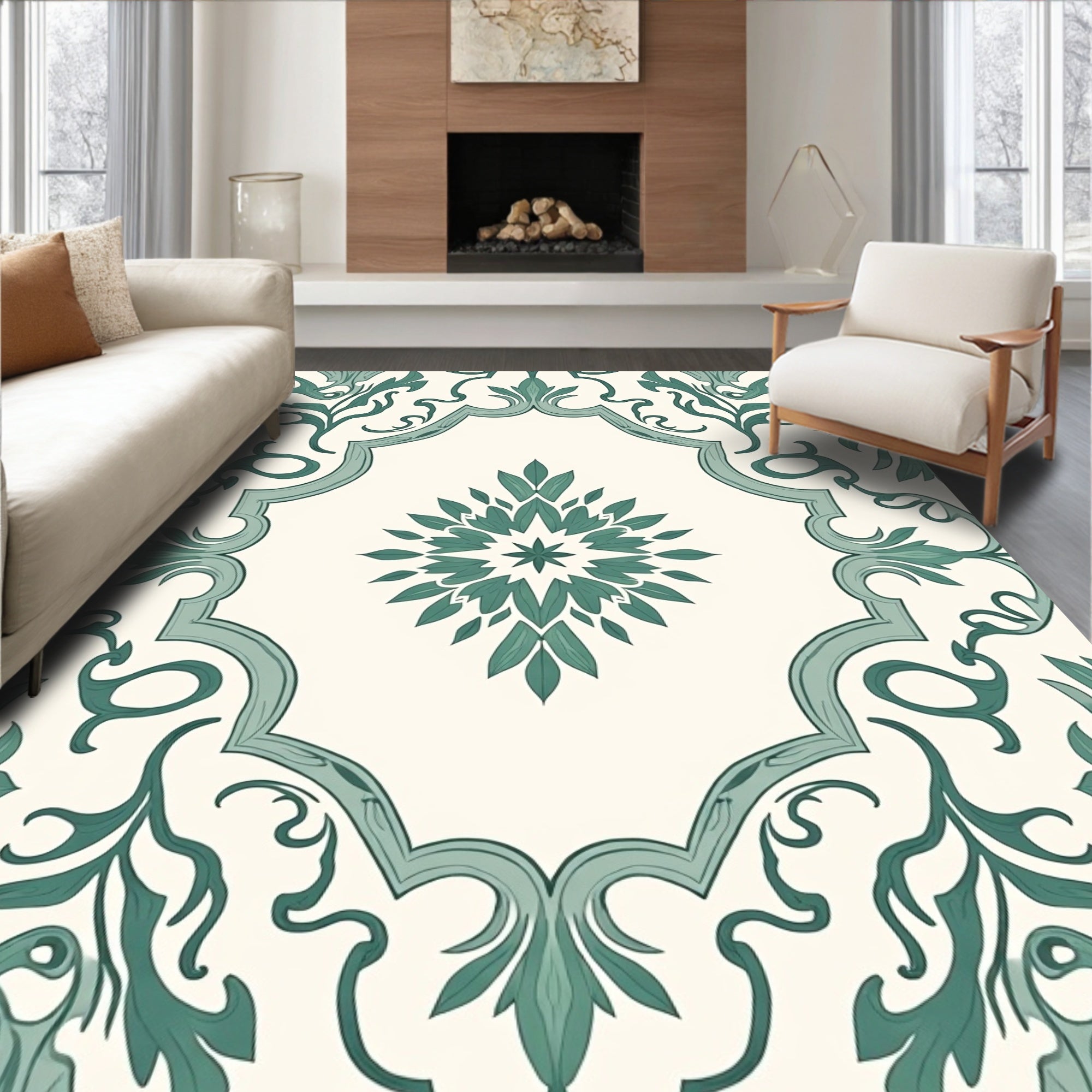Teal Floral Medallion Frame Rug