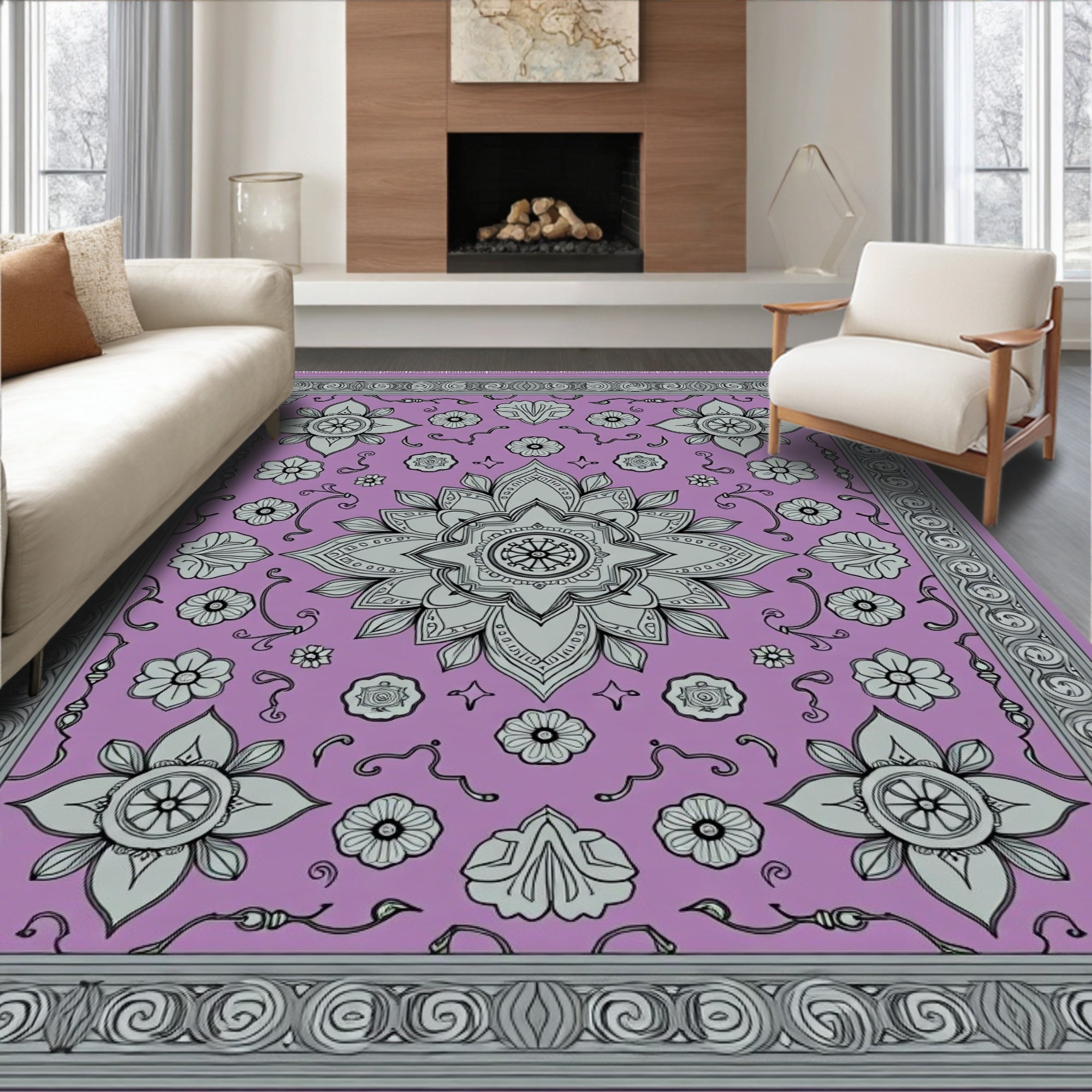 Lavender And Gray Floral Mandala Rug