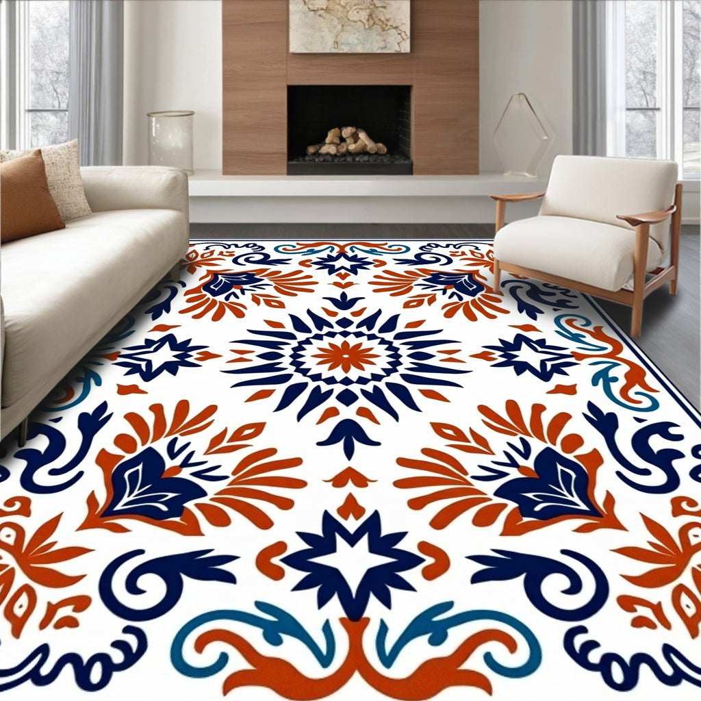 Crimson Navy Floral Medallion Border Rug