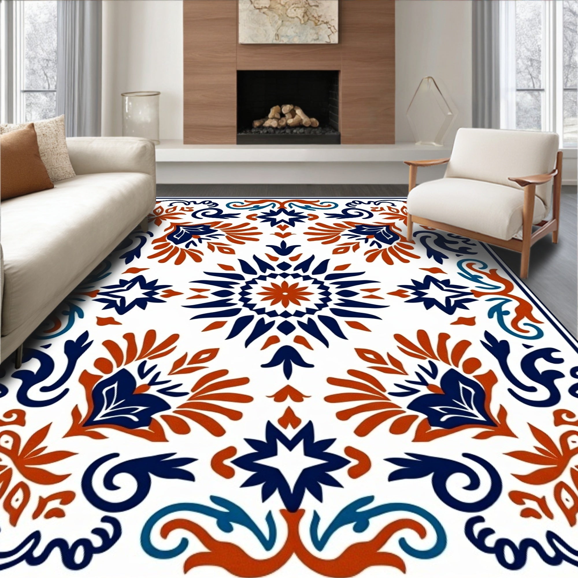 Crimson Navy Floral Medallion Border Rug