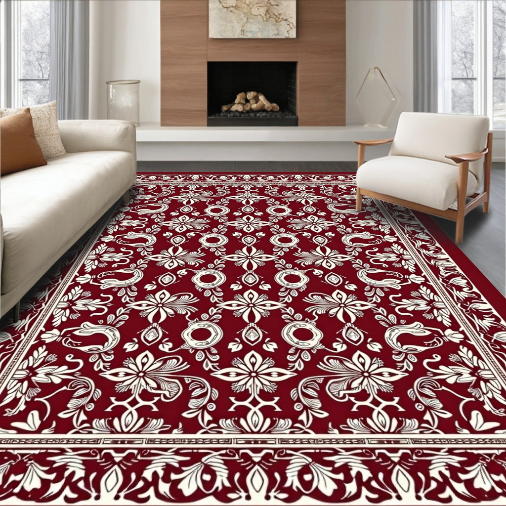 Antique Crimson Swirl Blossom Frame Rug