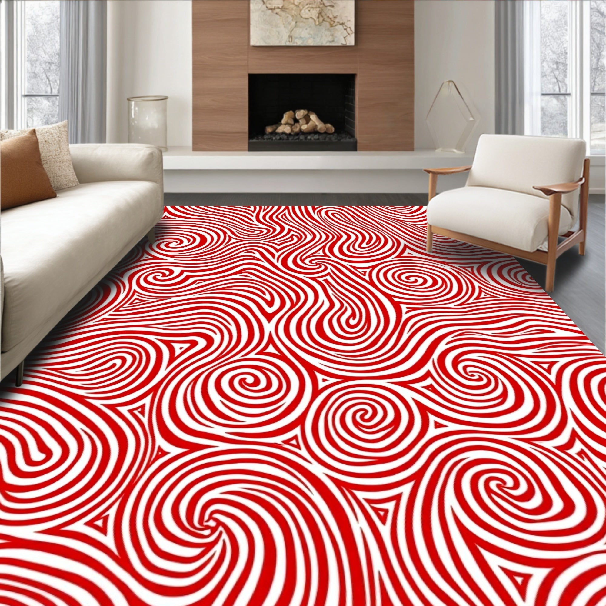 Crimson Swirl Abstract Curve Rug