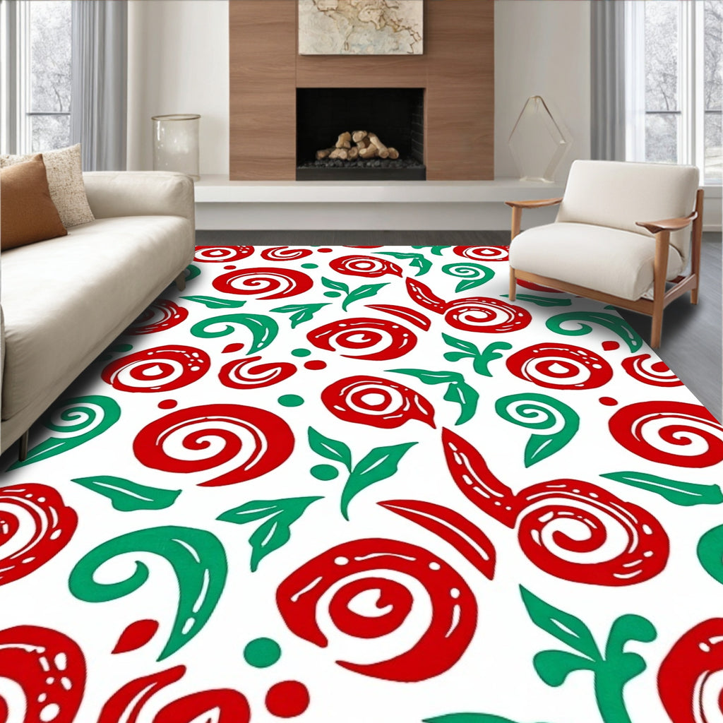 Whimsical Red Green Swirls and Leaves Rug