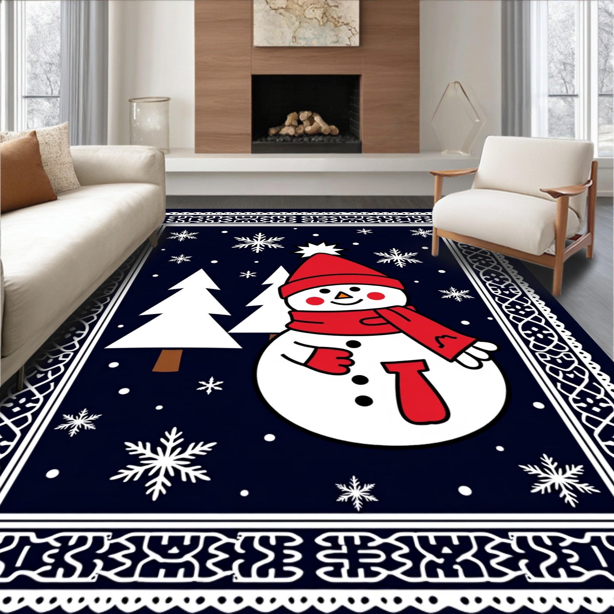 Happy Snowman Winter Snowflake Forest Rug