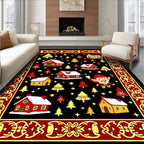 Whimsical Elf Village Red Yellow Border Rug
