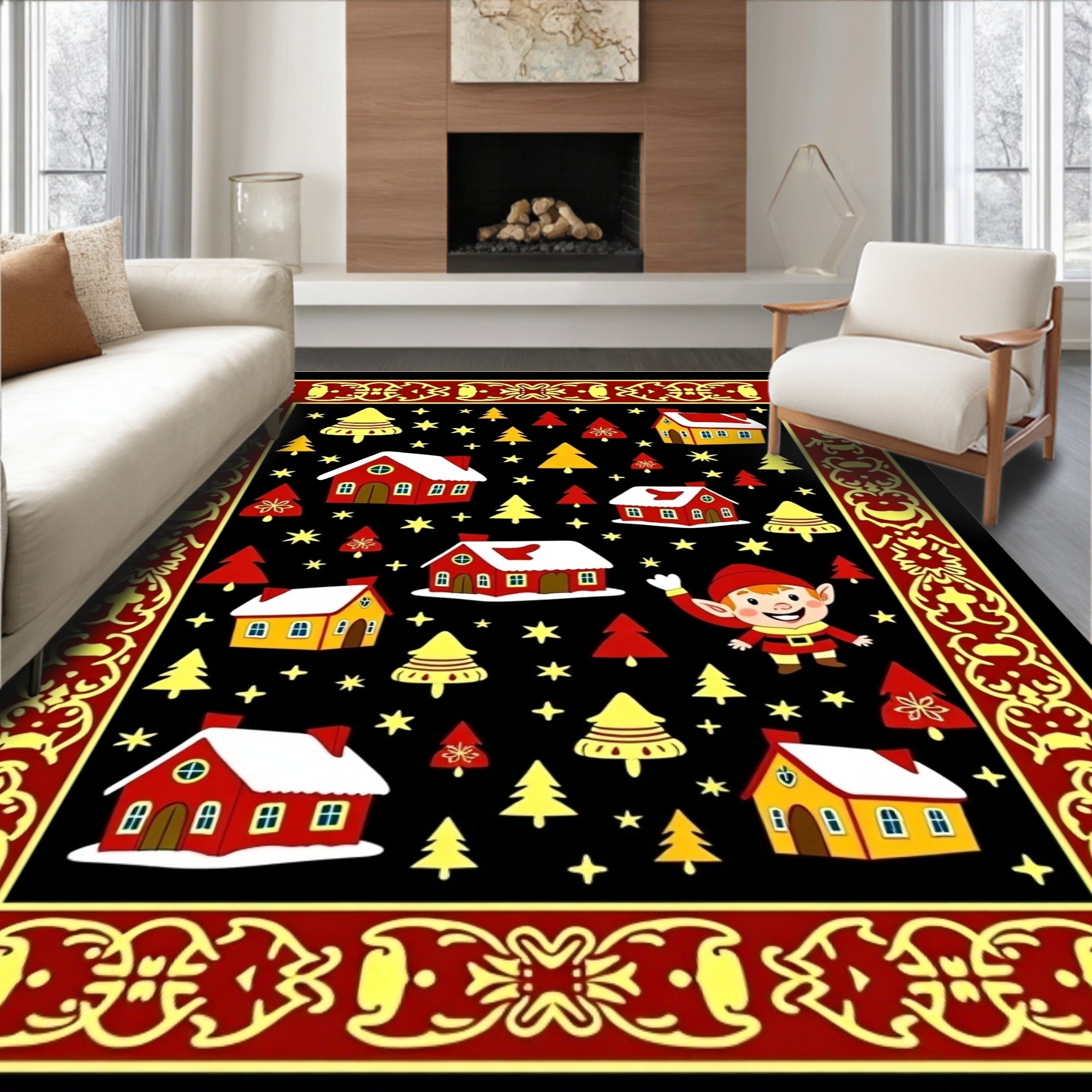 Whimsical Elf Village Red Yellow Border Rug