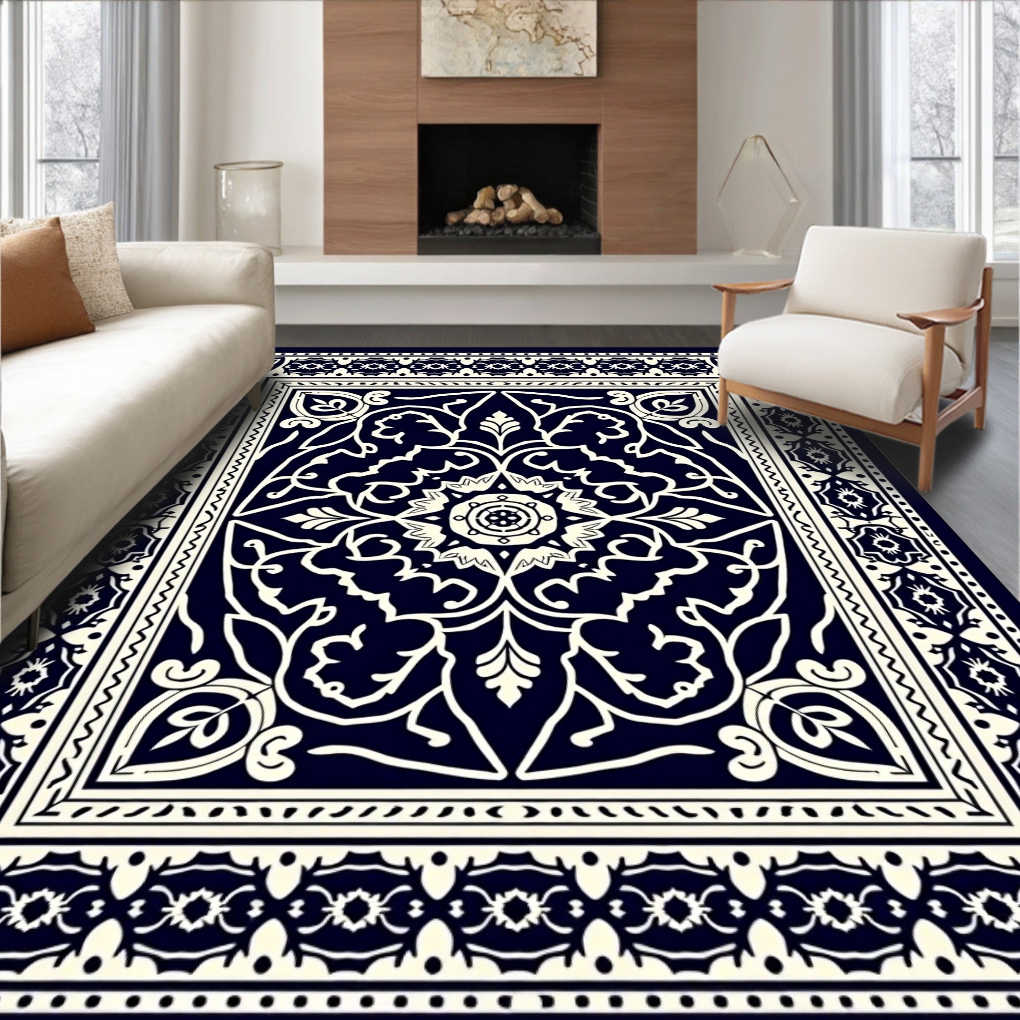 Dark Blue Classic Floral Medallion Rug