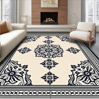 Black Floral Border Cream Centerpiece Rug