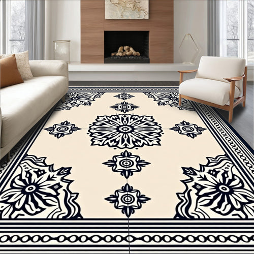 Black Floral Border Cream Centerpiece Rug