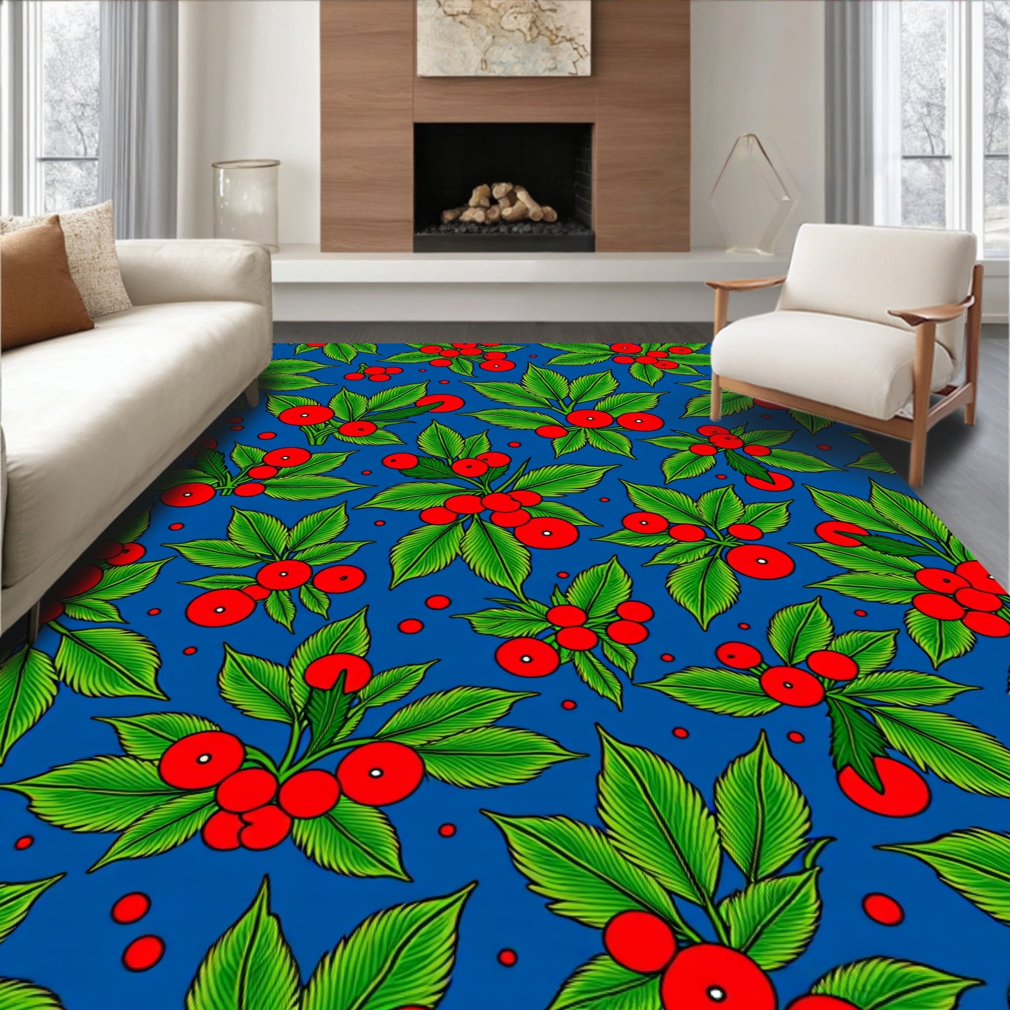 Bright Red Holly Berry Branch Rug