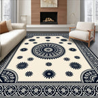 Cream and Navy Sunburst Medallion Rug