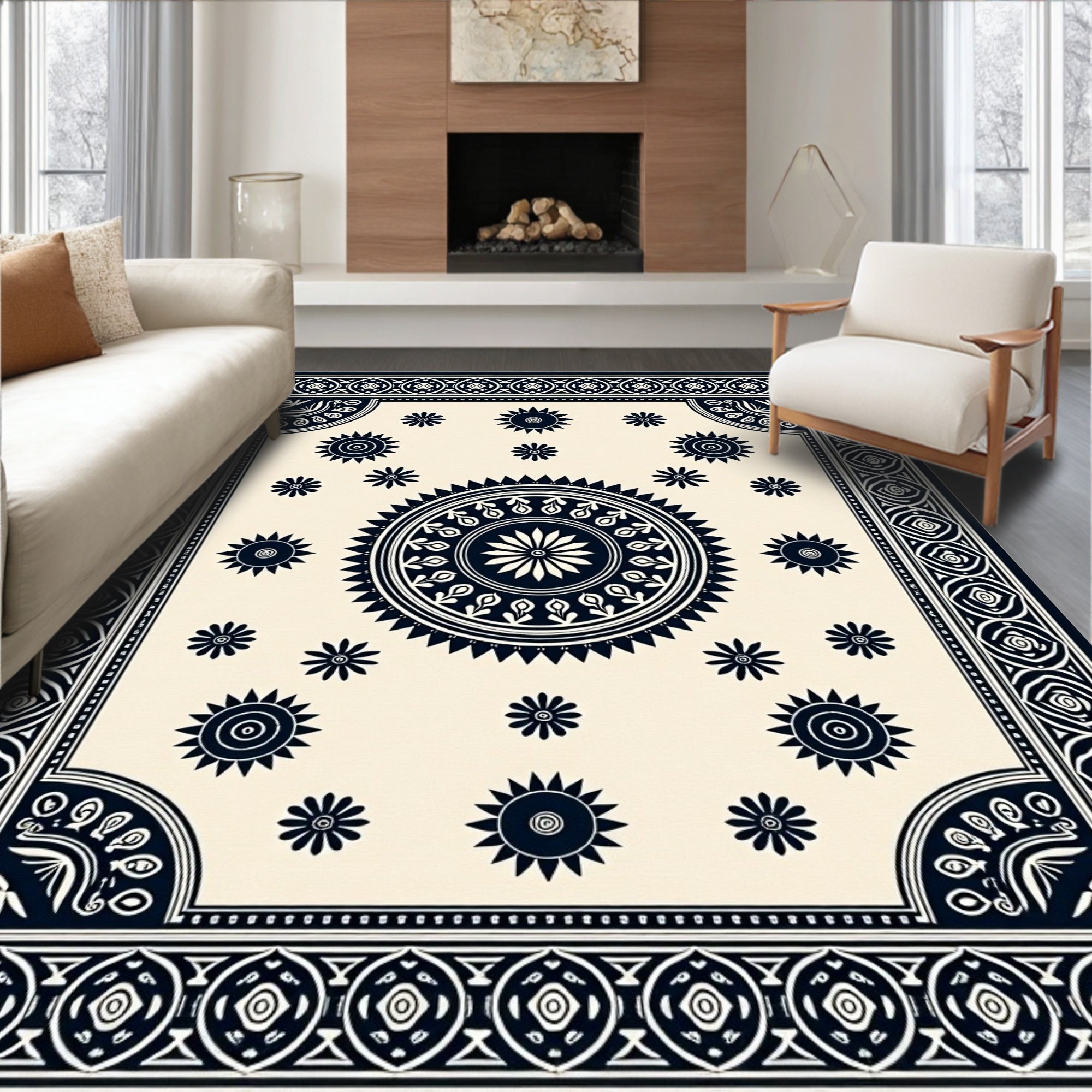 Cream and Navy Sunburst Medallion Rug